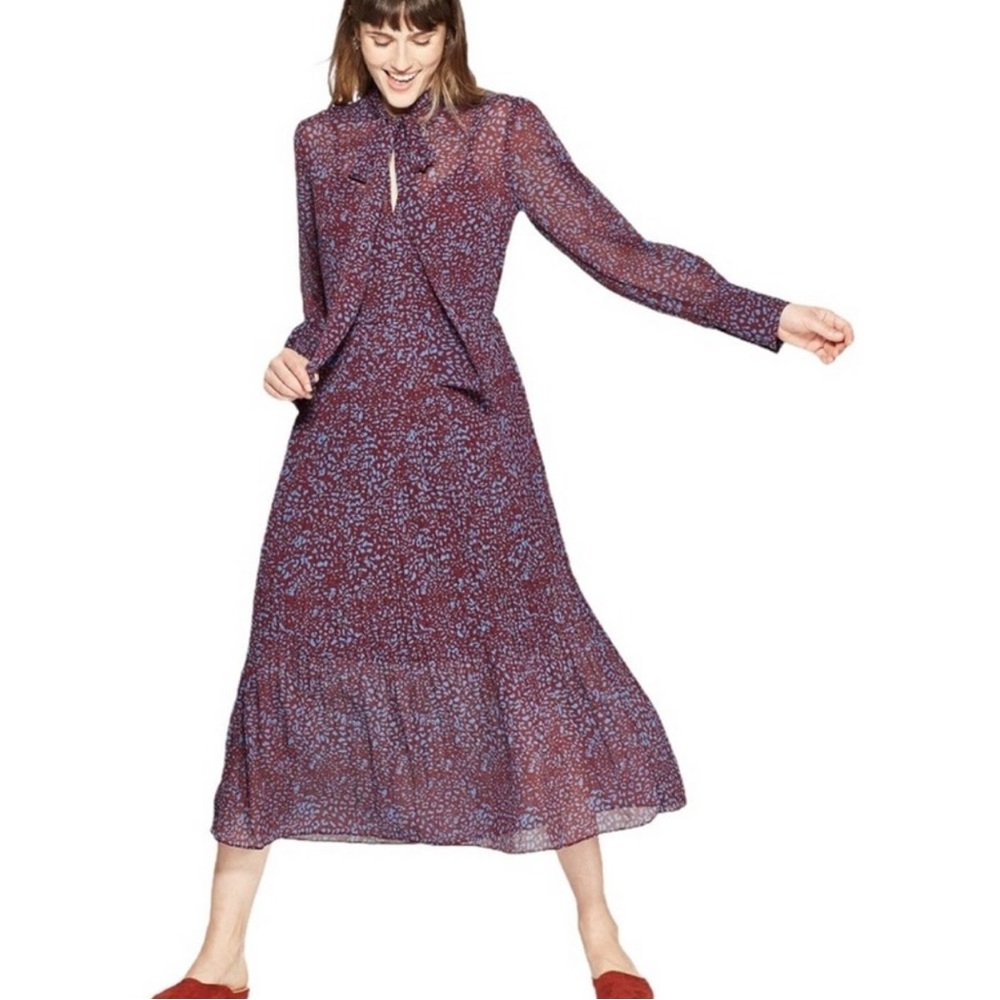 A New Day midi dress semi sheer with slip pleated skirt long sleeves N…